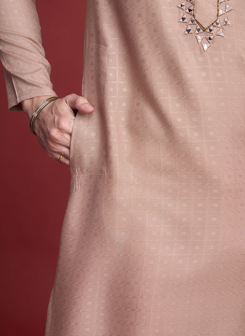 Viscose Beige Ceremonial Wear Mirror Work Readymade Kurta