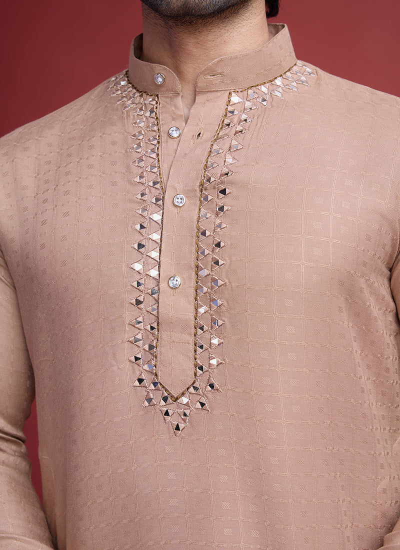 Viscose Beige Ceremonial Wear Mirror Work Readymade Kurta