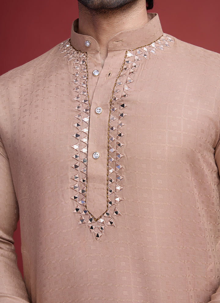 Viscose Beige Ceremonial Wear Mirror Work Readymade Kurta