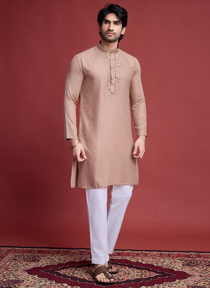 Viscose Beige Ceremonial Wear Mirror Work Readymade Kurta