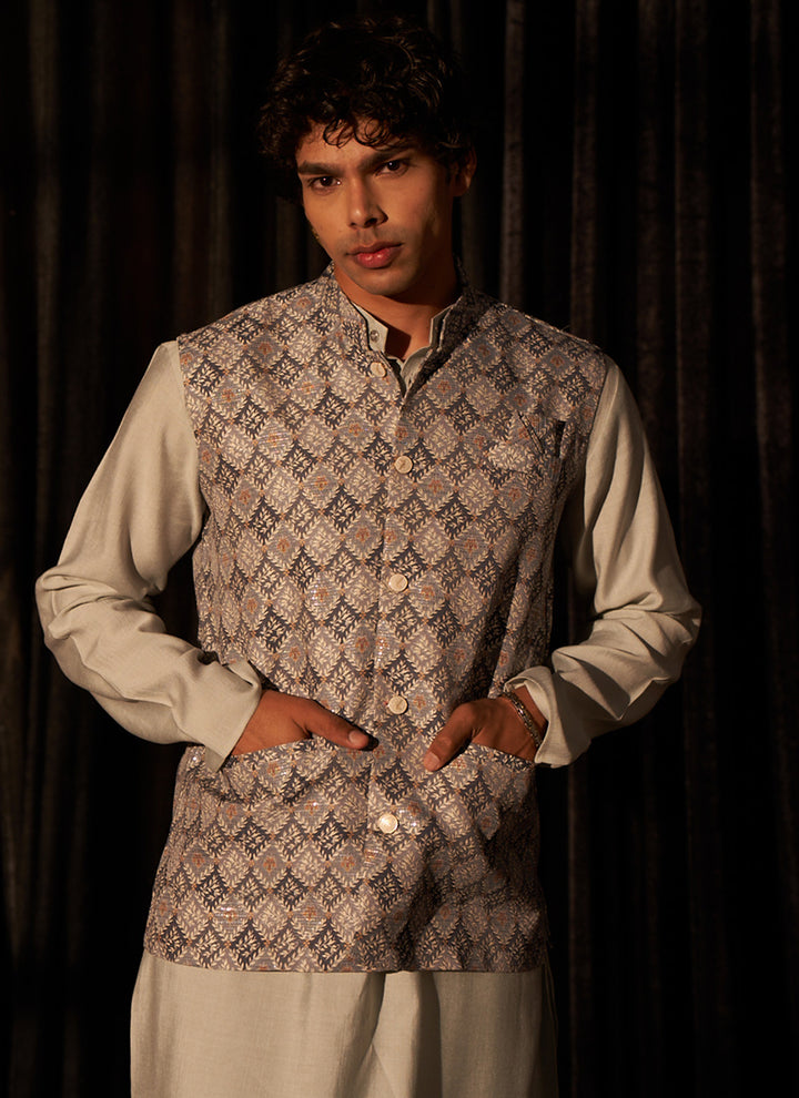 Viscose Grey Ceremonial Wear Printed Readymade Modi Jacket Kurta Pajama