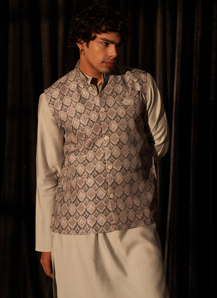 Viscose Grey Ceremonial Wear Printed Readymade Modi Jacket Kurta Pajama
