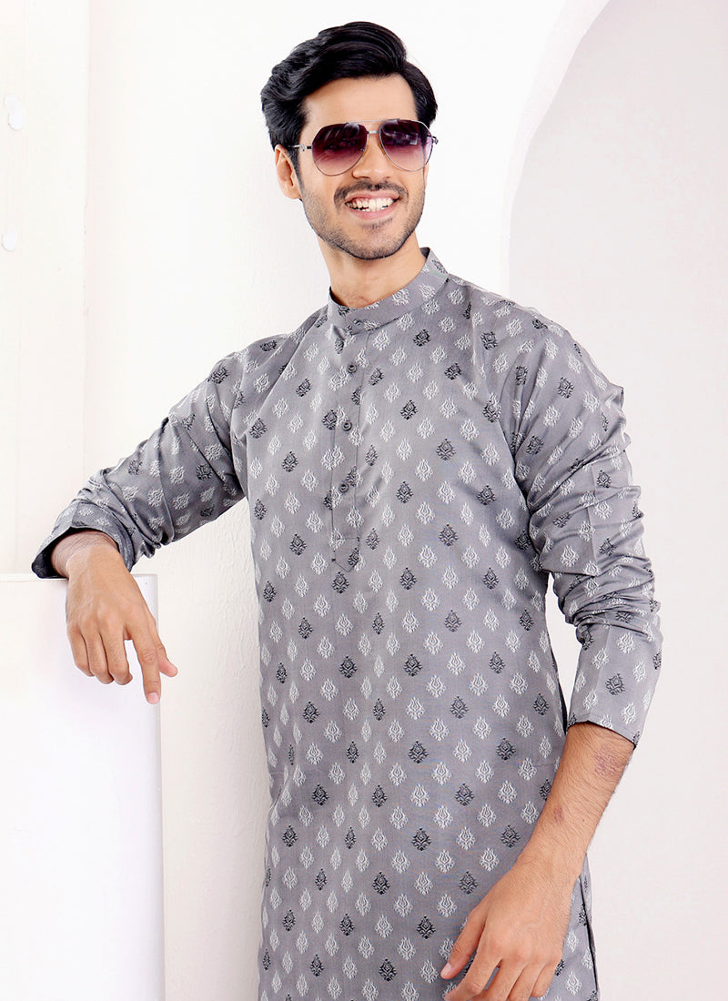 Viscose Grey Ceremonial Wear Weaving  Readymade Kurta