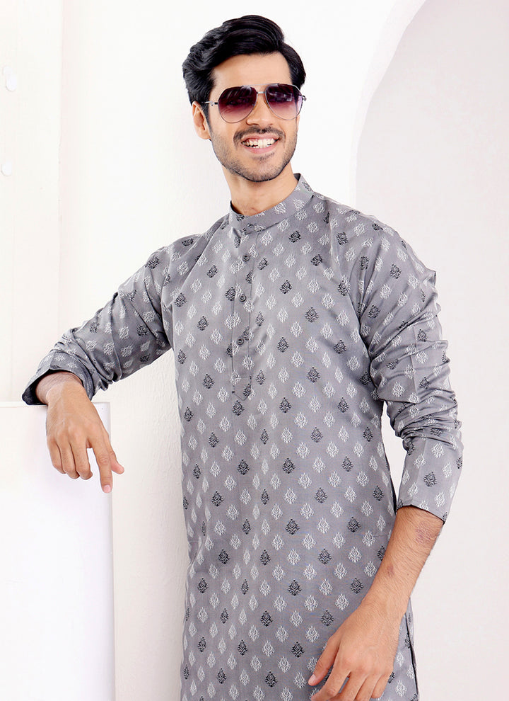 Viscose Grey Ceremonial Wear Weaving  Readymade Kurta