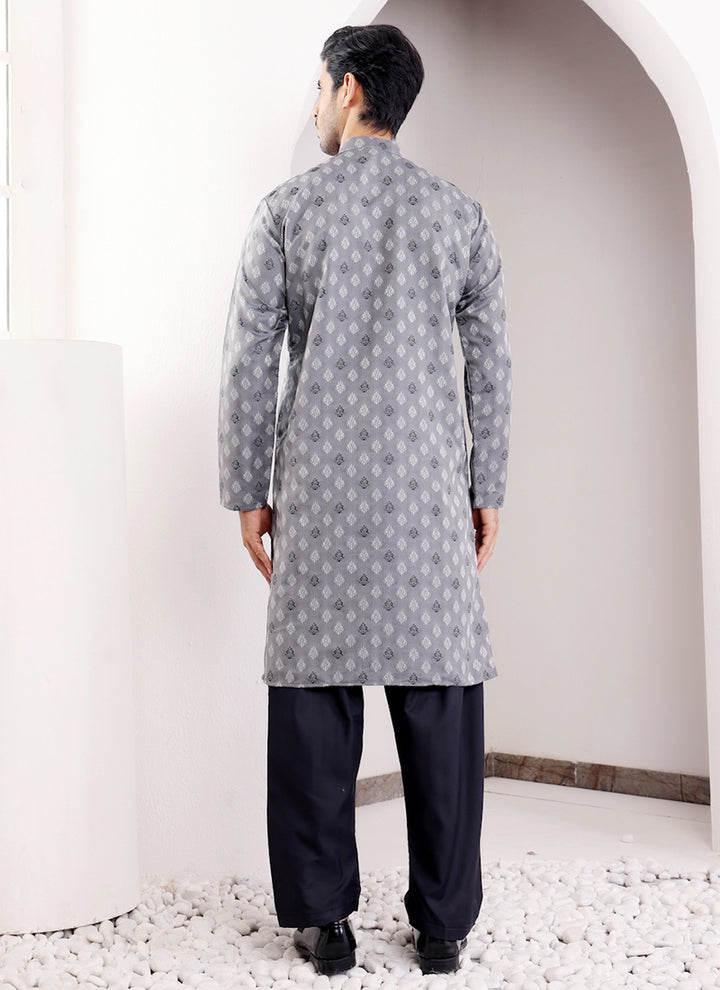 Viscose Grey Ceremonial Wear Weaving  Readymade Kurta
