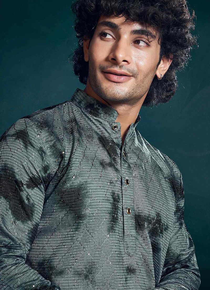 Viscose Grey Eid Wear Embroidery Work Readymade Kurta Pajama