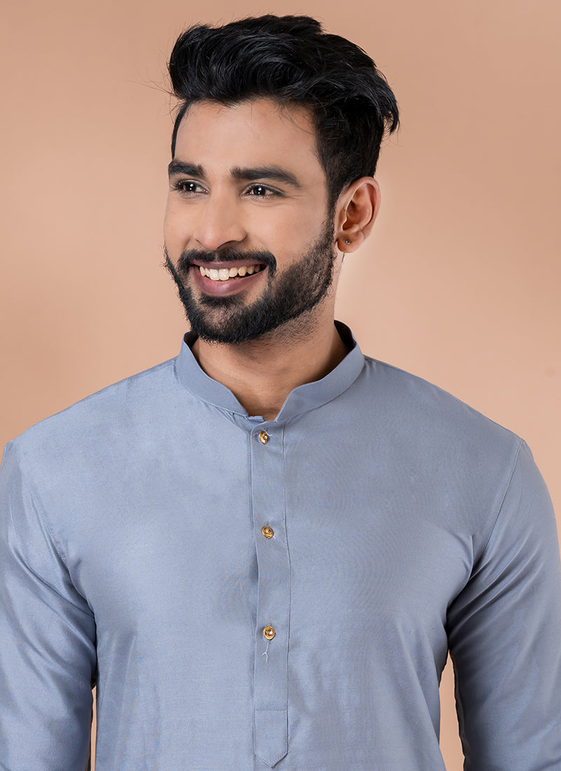 Viscose Grey Traditional Wear Plain Kurta Pajama
