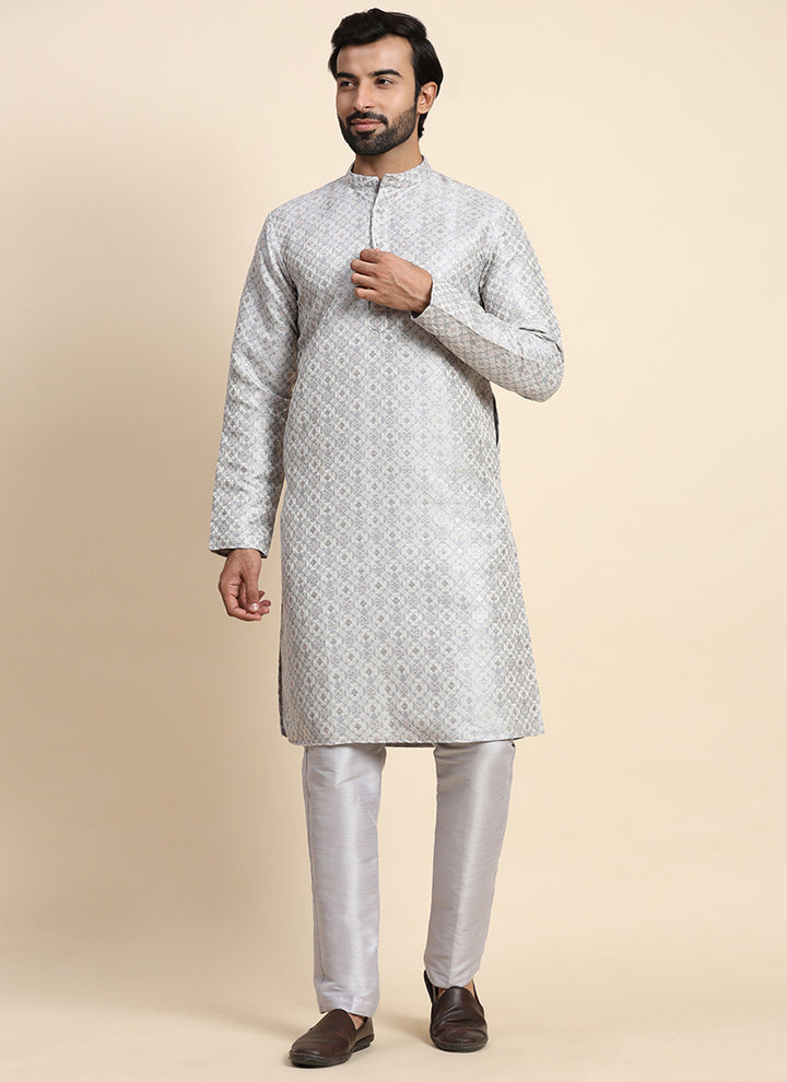 Viscose Jacquard Grey Festival Wear Weaving  Readymade Kurta Pajama