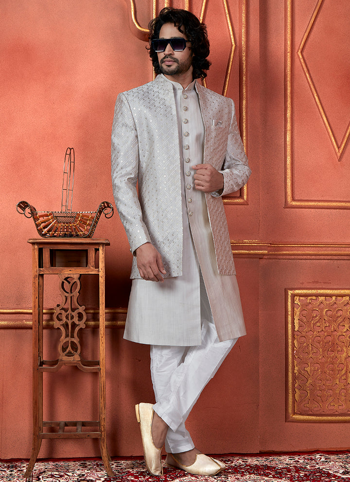 Silk Grey Wedding Wear Computer Thread Readymade Sherwani Set