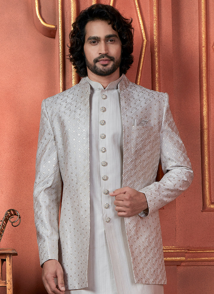 Silk Grey Wedding Wear Computer Thread Readymade Sherwani Set