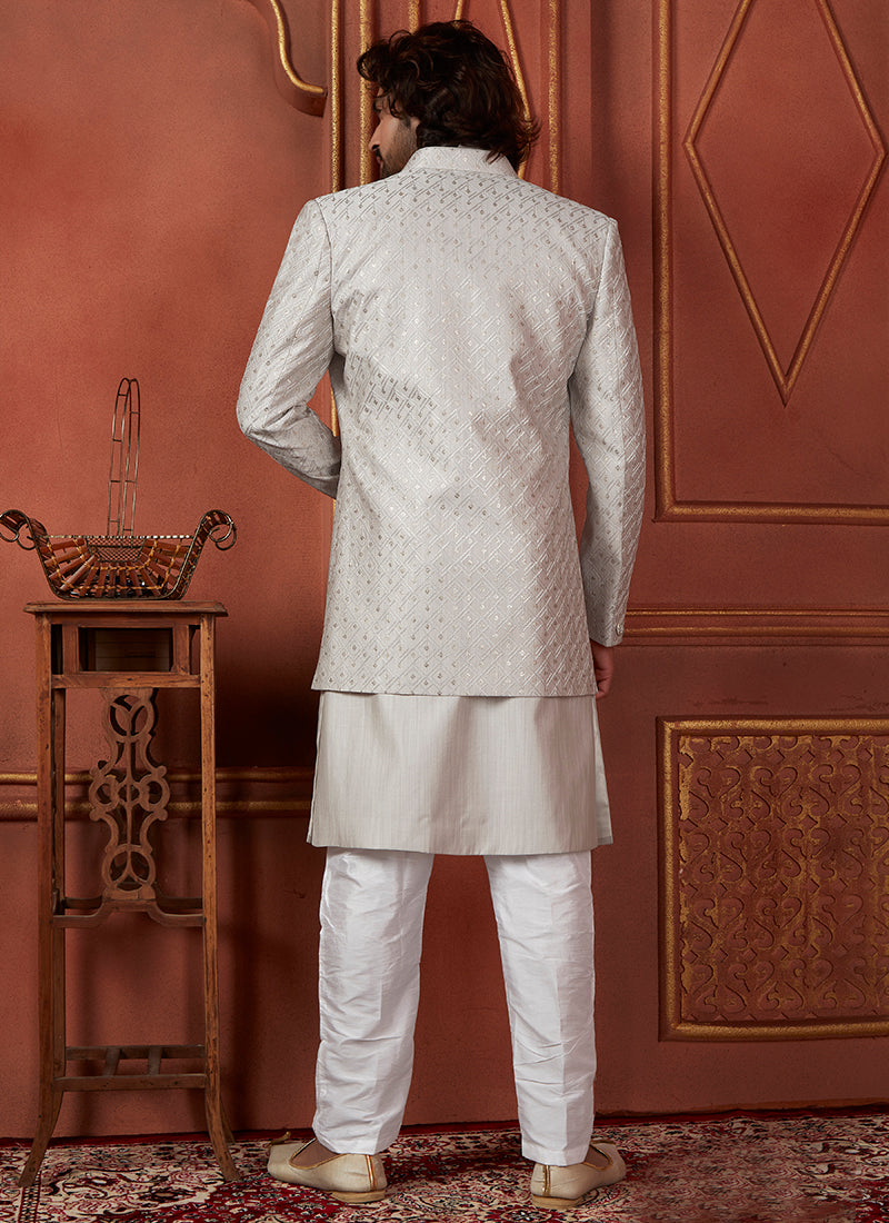 Silk Grey Wedding Wear Computer Thread Readymade Sherwani Set