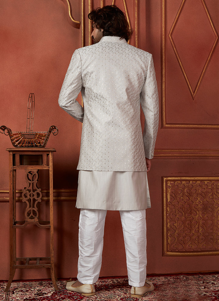 Silk Grey Wedding Wear Computer Thread Readymade Sherwani Set