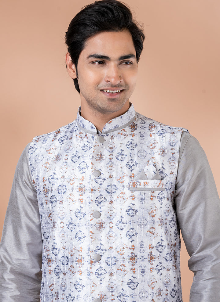 Silk Grey Wedding Wear Embroidery Work Readymade Modi Jacket Kurta Pajama