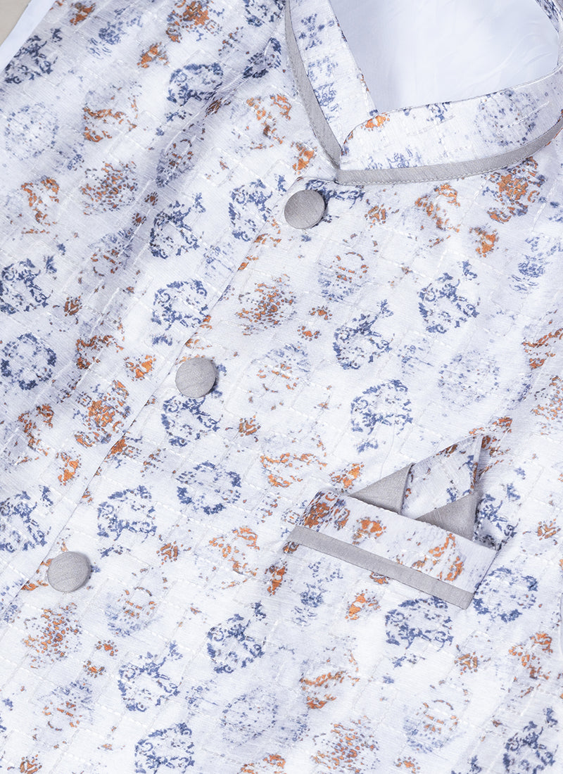 Silk Grey Wedding Wear Embroidery Work Readymade Modi Jacket Kurta Pajama