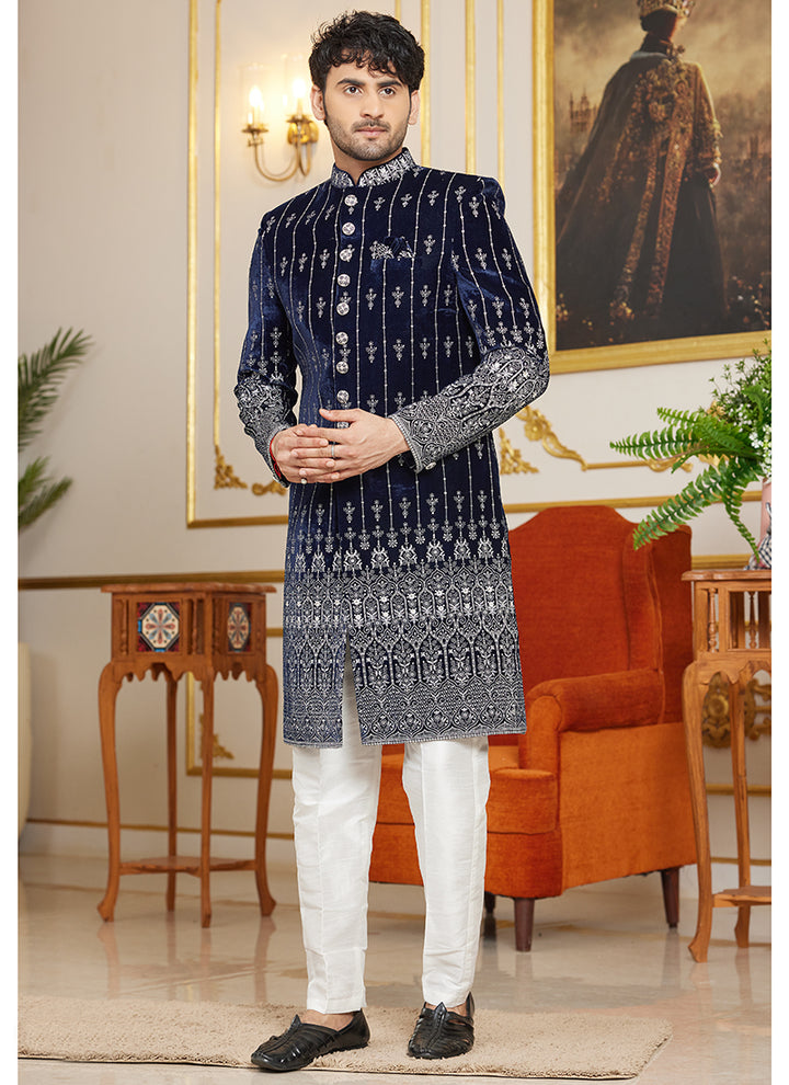 Art Silk Grey Black Wedding Wear Thread Work Readymade Indo Western Sherwani