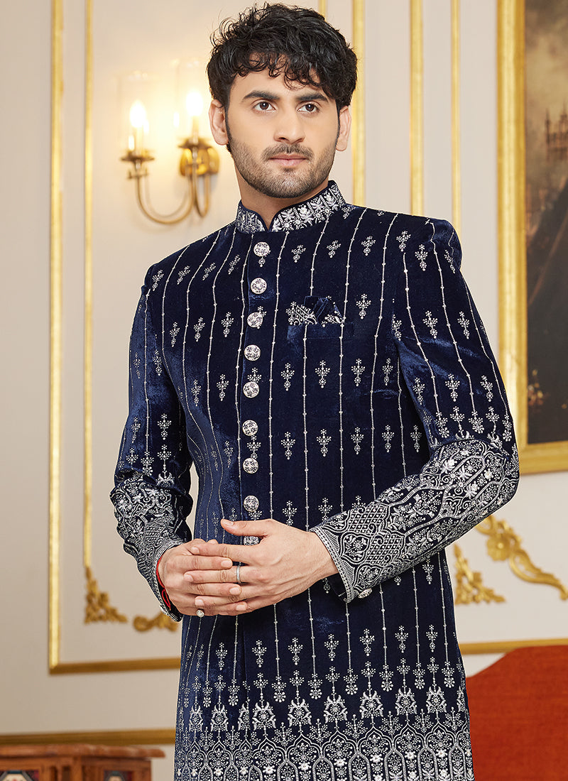 Art Silk Grey Black Wedding Wear Thread Work Readymade Indo Western Sherwani