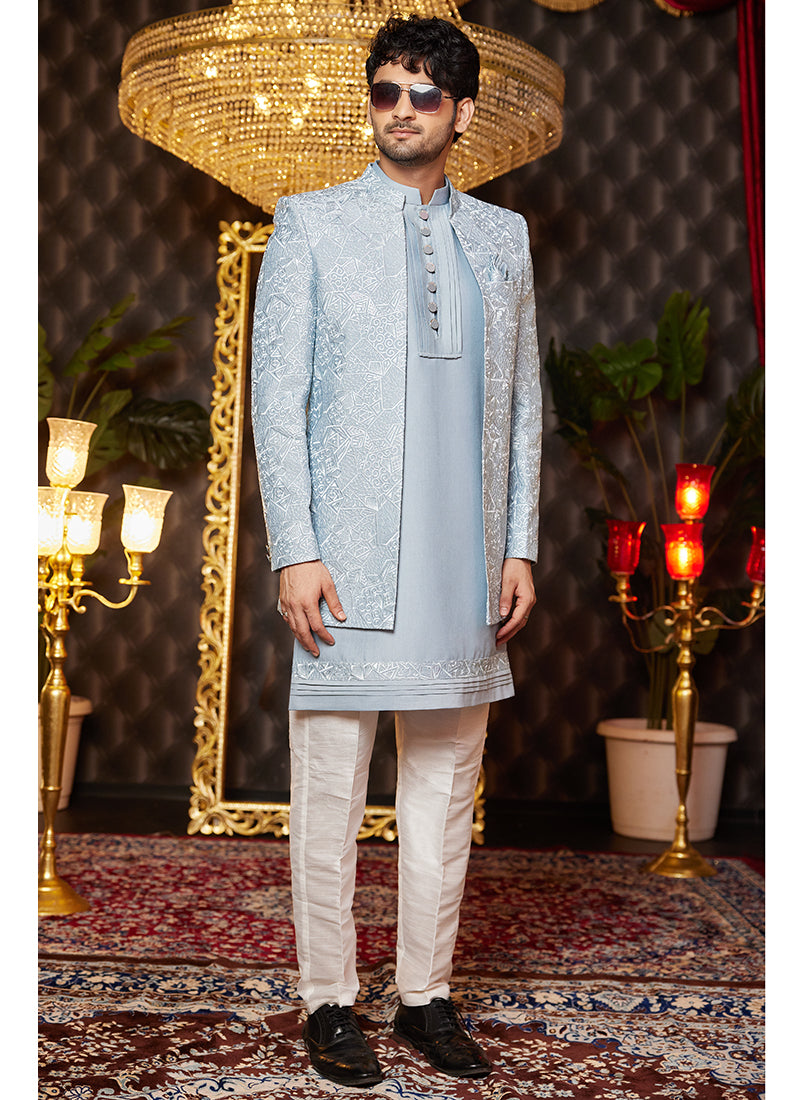 Art Silk Grey Blue Wedding Wear Thread Work Readymade Indo Western Sherwani