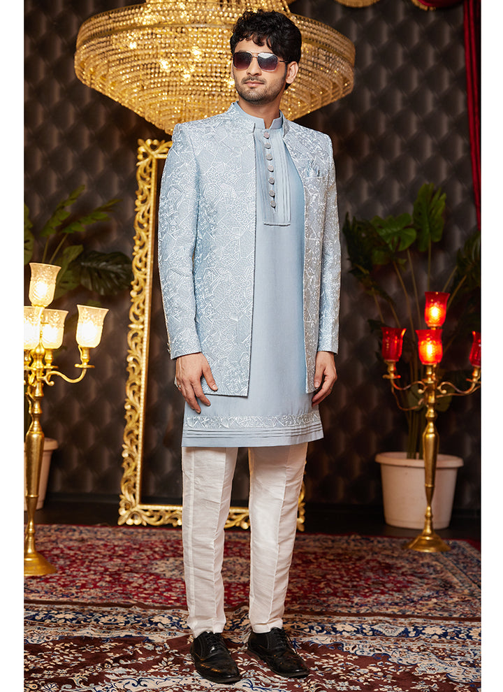 Art Silk Grey Blue Wedding Wear Thread Work Readymade Indo Western Sherwani