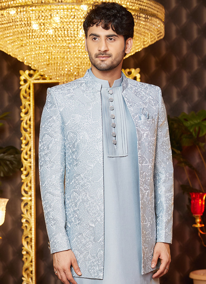 Art Silk Grey Blue Wedding Wear Thread Work Readymade Indo Western Sherwani