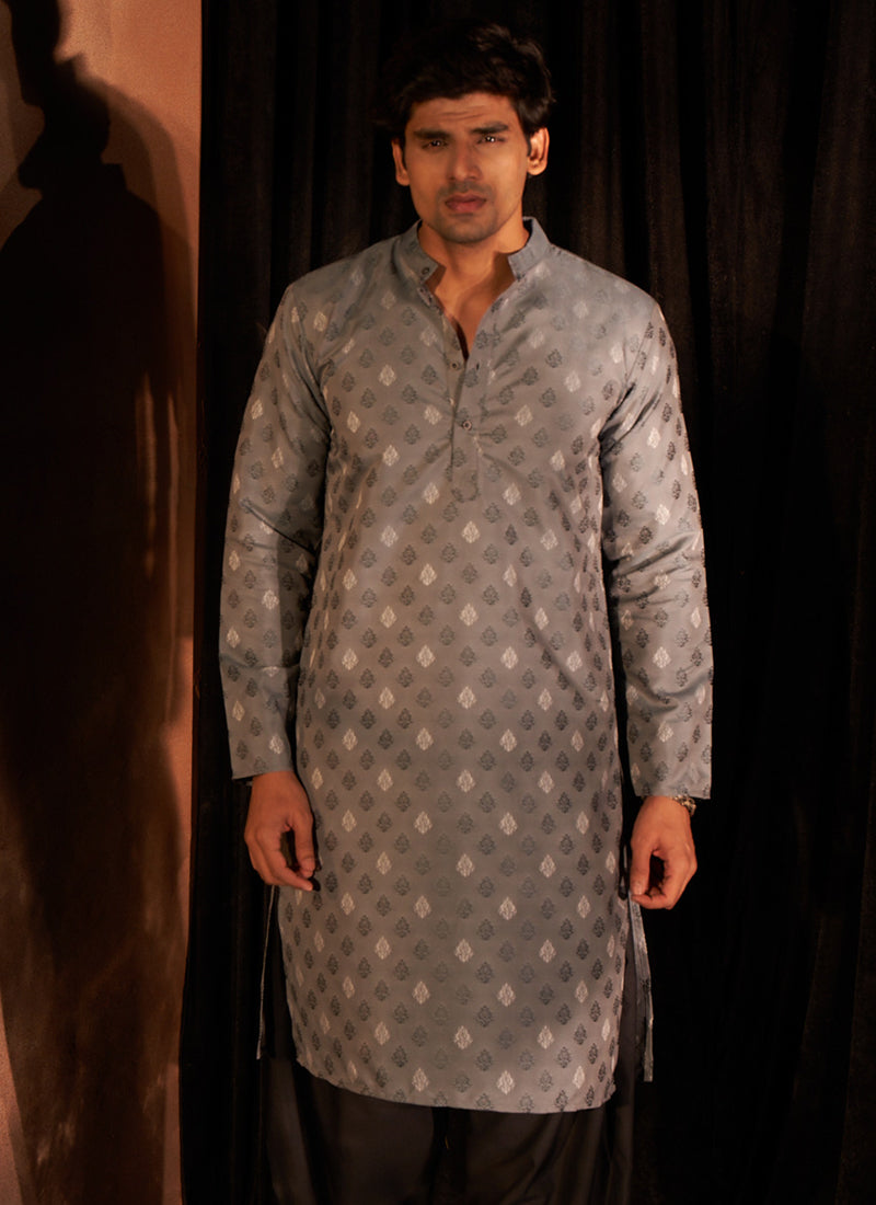 Viscose Greyish Blue Eid Wear Wevon Designer Readymade Kurta Pajama