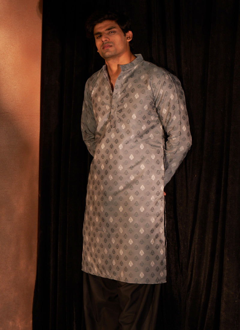 Viscose Greyish Blue Eid Wear Wevon Designer Readymade Kurta Pajama