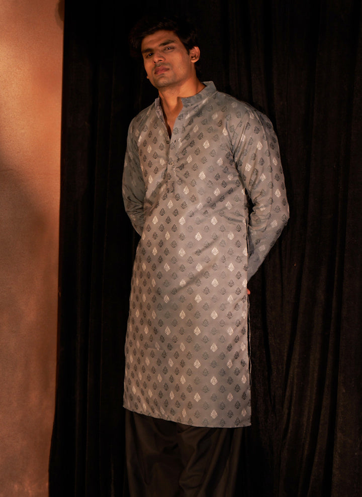 Viscose Greyish Blue Eid Wear Wevon Designer Readymade Kurta Pajama