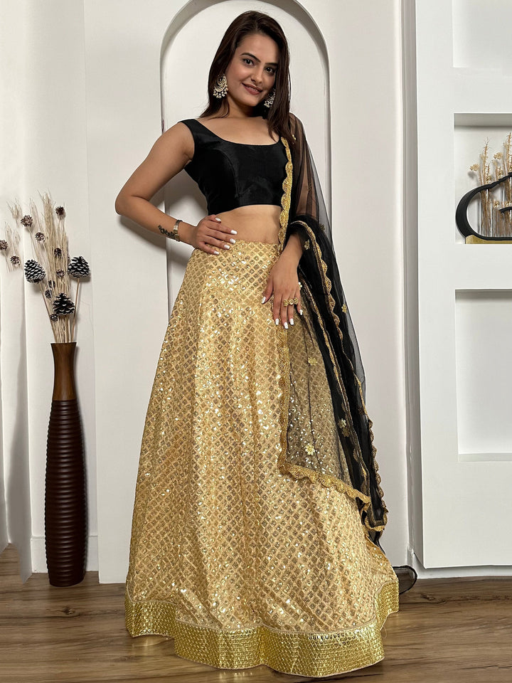 Golden Sequins Silk Sangeet Wear Lehenga Choli With Dupatta