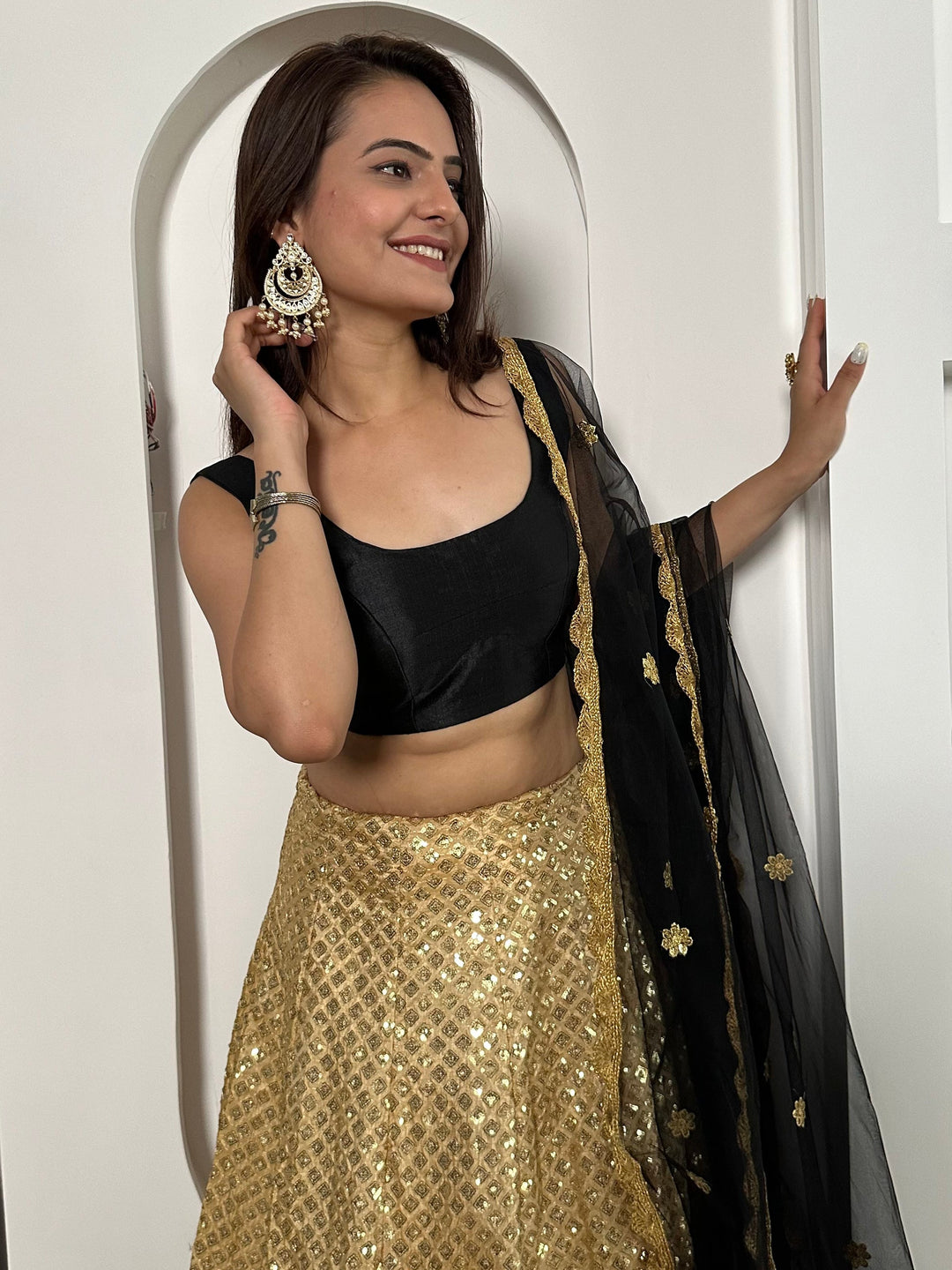Golden Sequins Silk Sangeet Wear Lehenga Choli With Dupatta