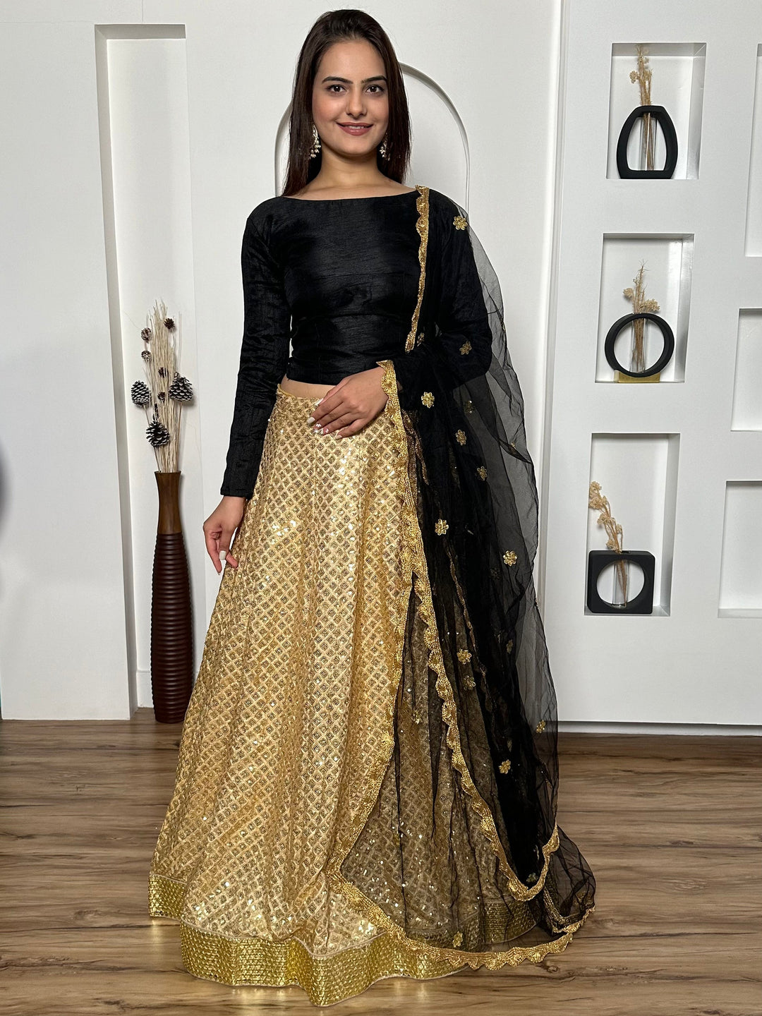 Golden Sequins Silk Sangeet Wear Lehenga Choli With Dupatta