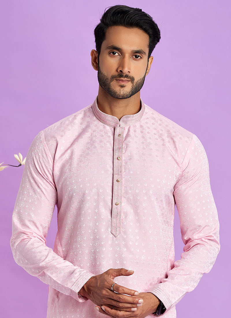 Art Silk Ice Pink Festival Wear Jacquard Kurta Pajama