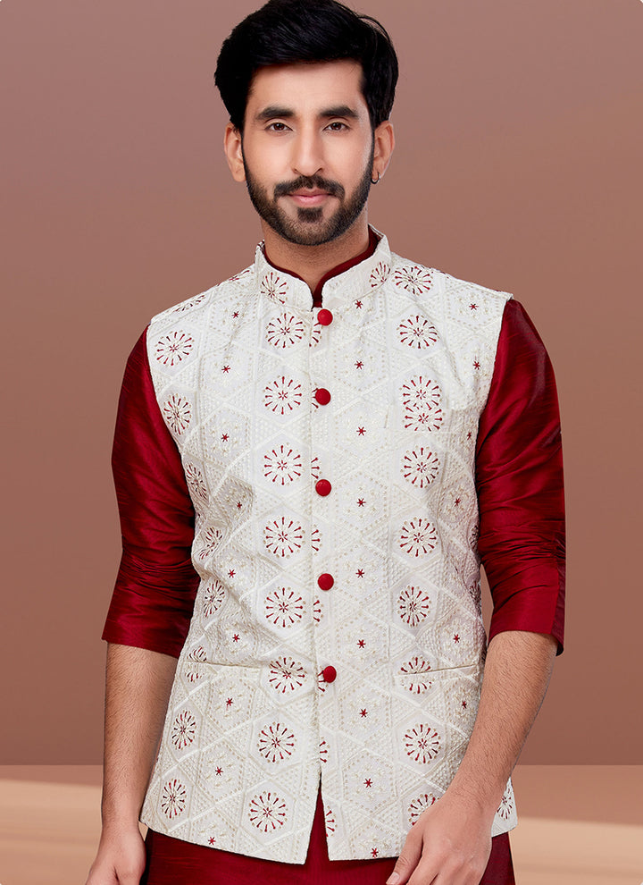 Heavy Embroidered Cotton Ivory White Festival Wear Embroidery Work Readymade Men's Waist Coat