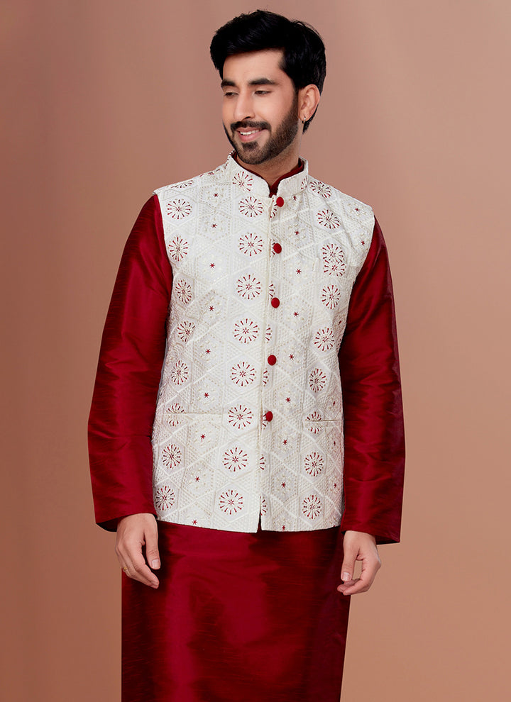 Heavy Embroidered Cotton Ivory White Festival Wear Embroidery Work Readymade Men's Waist Coat