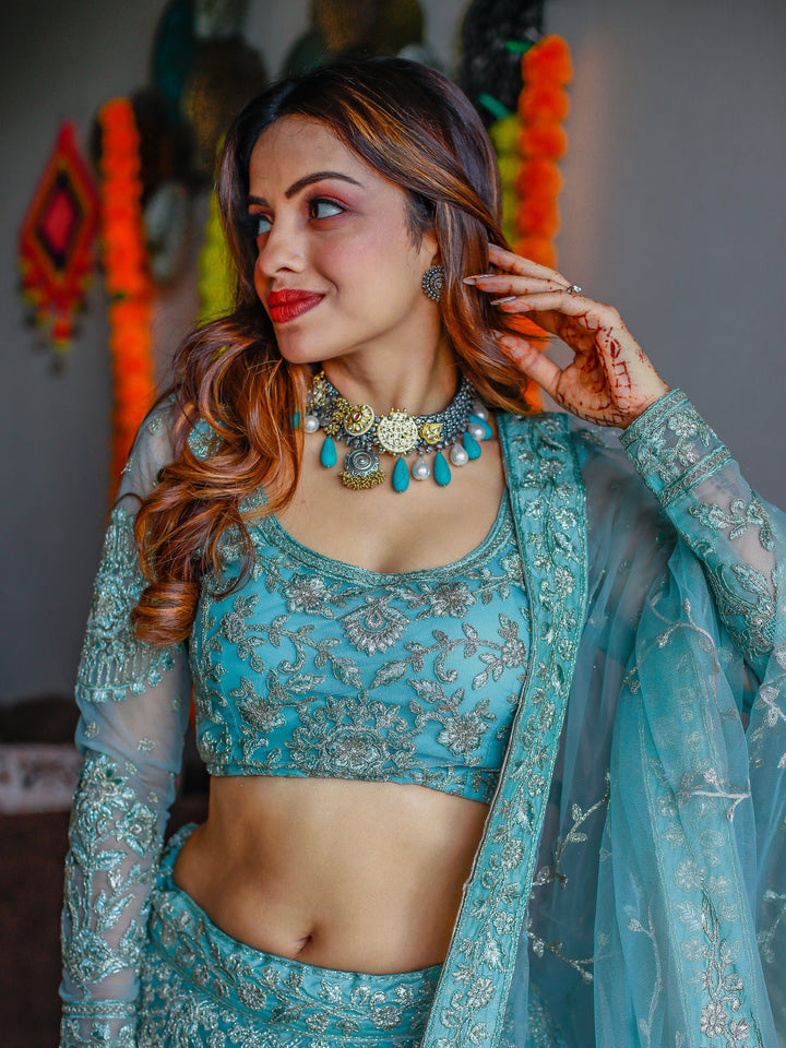 Aqua Blue Embroidered Net Bridesmaid Lehenga Choli