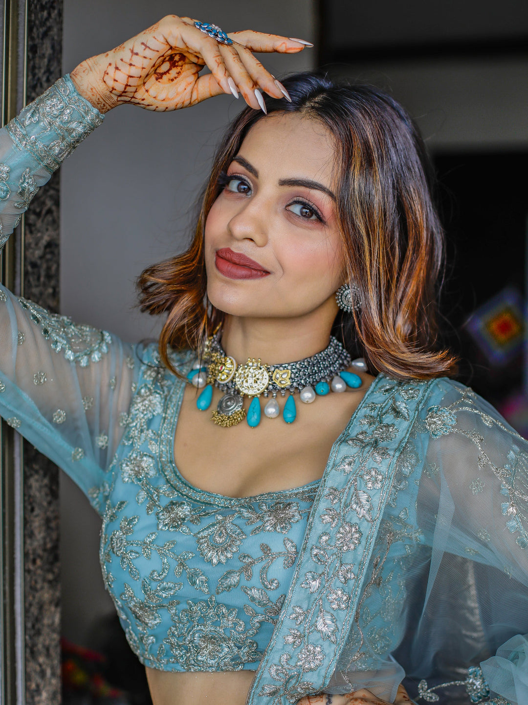 Aqua Blue Embroidered Net Bridesmaid Lehenga Choli