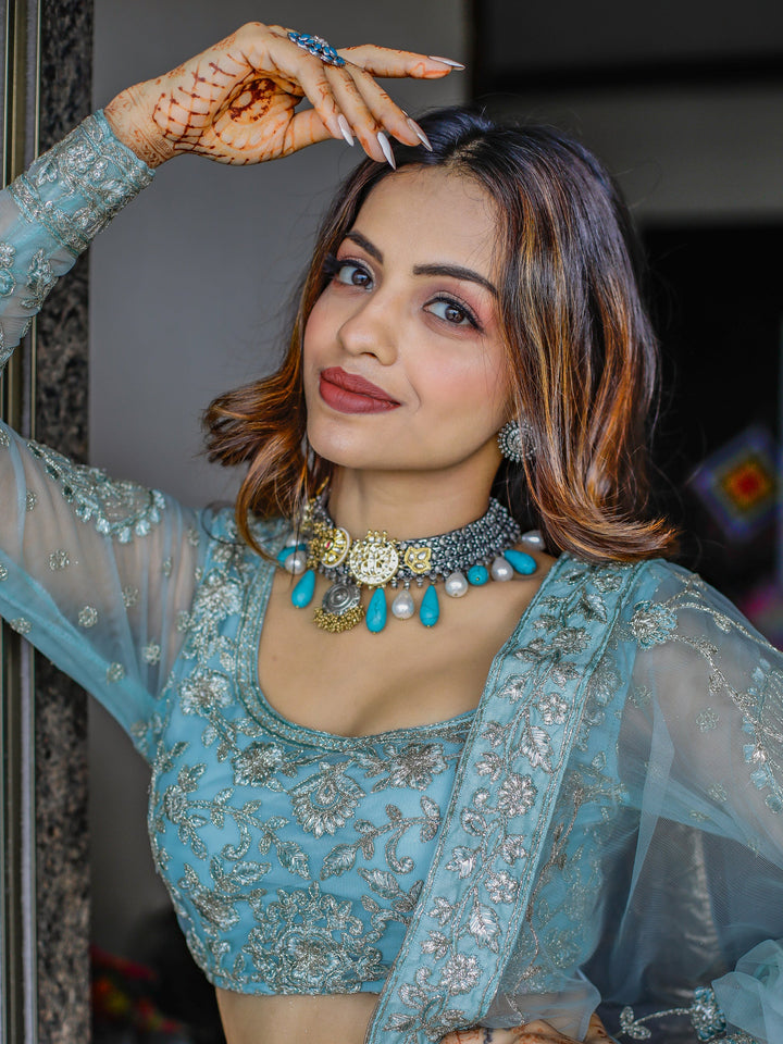 Aqua Blue Embroidered Net Bridesmaid Lehenga Choli