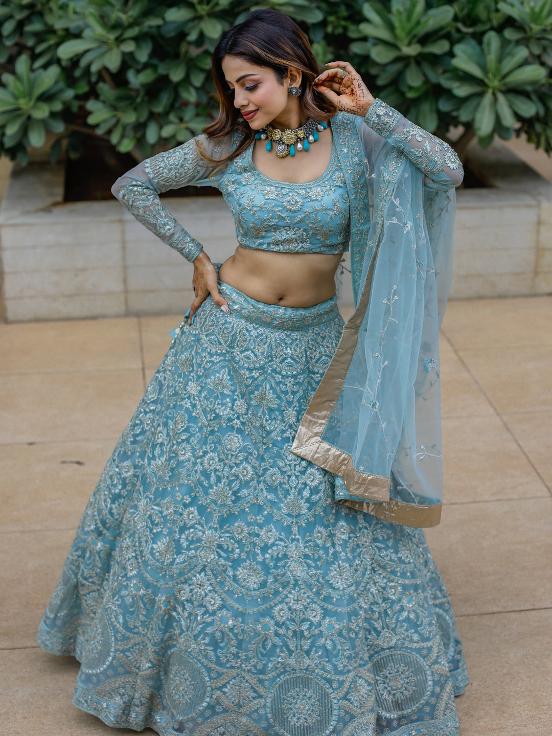 Aqua Blue Embroidered Net Bridesmaid Lehenga Choli