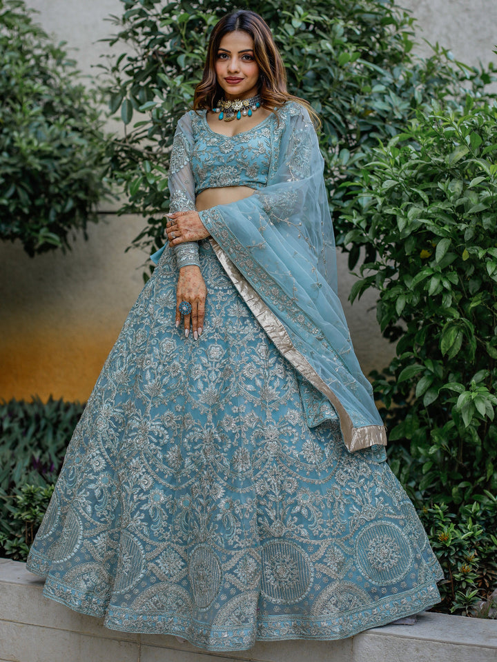 Aqua Blue Embroidered Net Bridesmaid Lehenga Choli