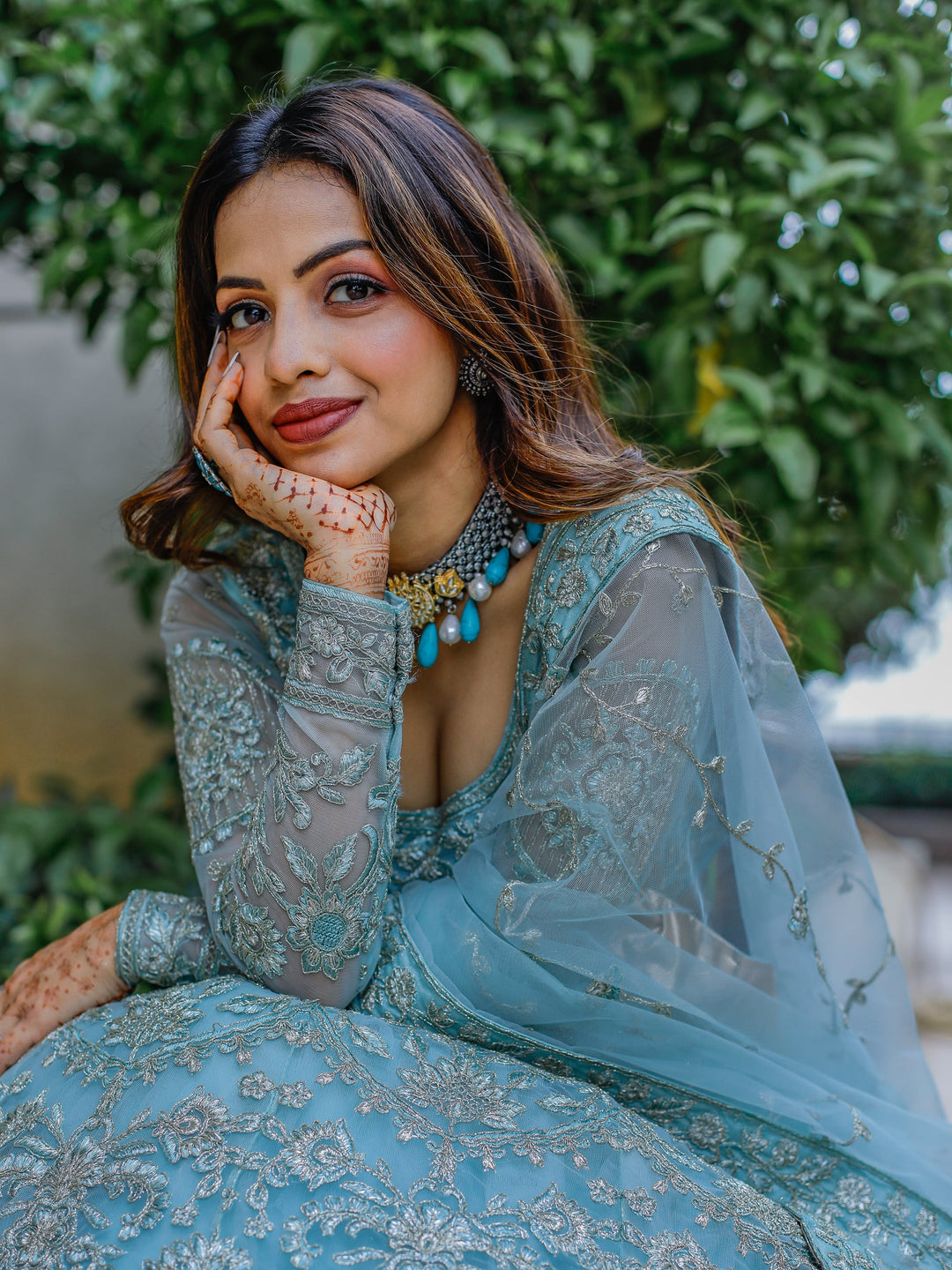 Aqua Blue Embroidered Net Bridesmaid Lehenga Choli