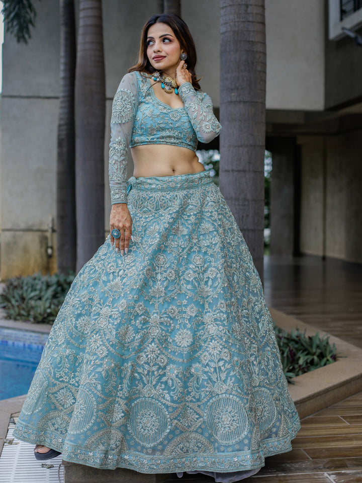 Aqua Blue Embroidered Net Bridesmaid Lehenga Choli
