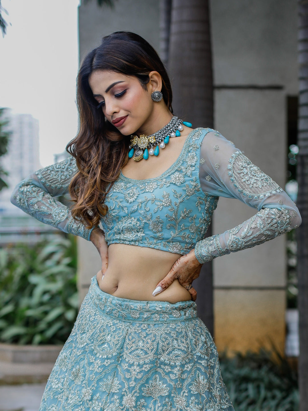Aqua Blue Embroidered Net Bridesmaid Lehenga Choli