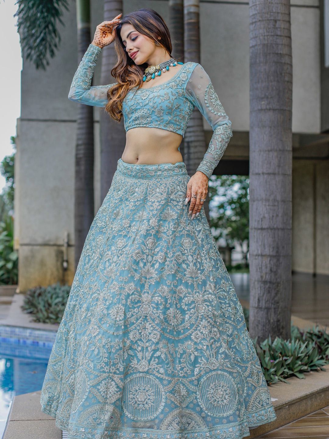 Aqua Blue Embroidered Net Bridesmaid Lehenga Choli