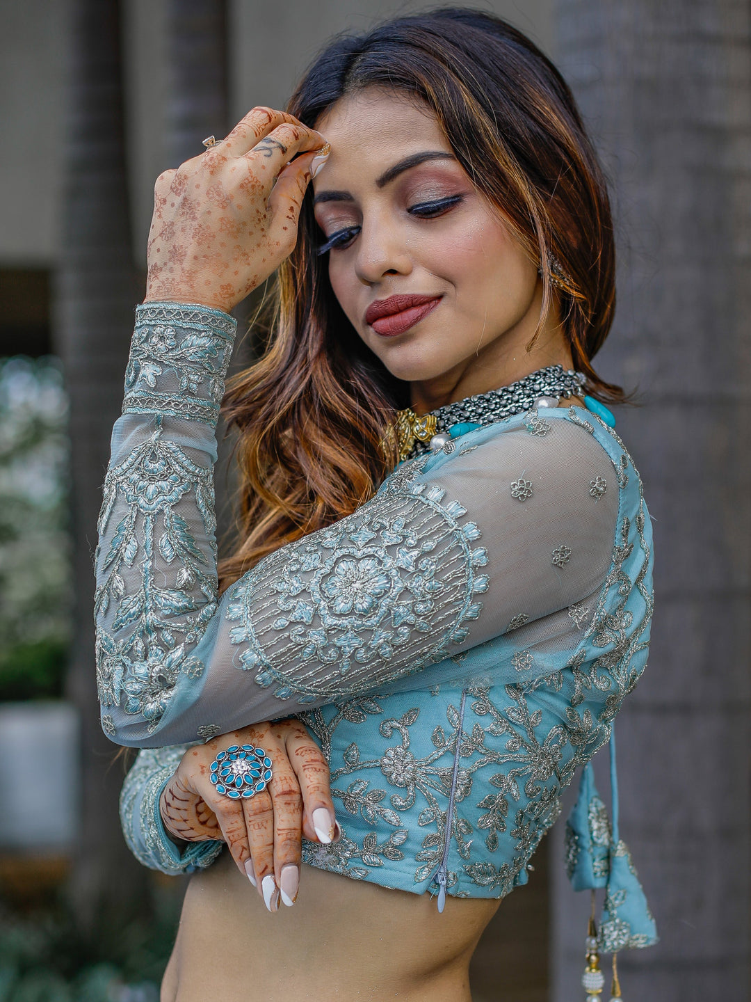 Aqua Blue Embroidered Net Bridesmaid Lehenga Choli