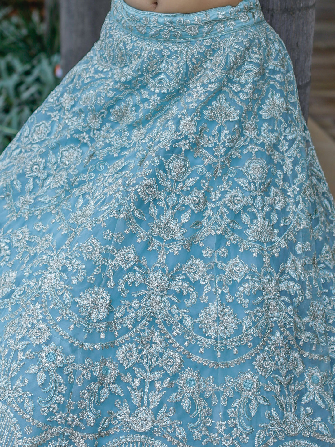 Aqua Blue Embroidered Net Bridesmaid Lehenga Choli