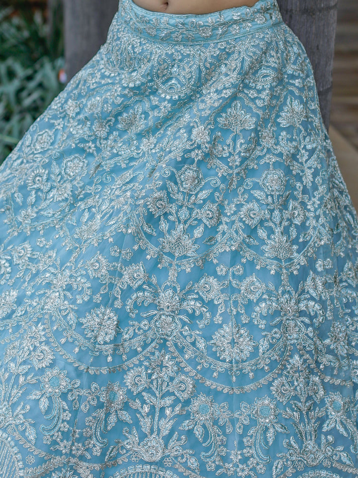 Aqua Blue Embroidered Net Bridesmaid Lehenga Choli