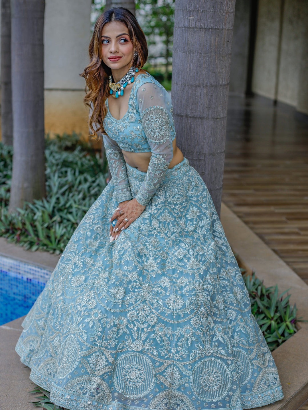 Aqua Blue Embroidered Net Bridesmaid Lehenga Choli