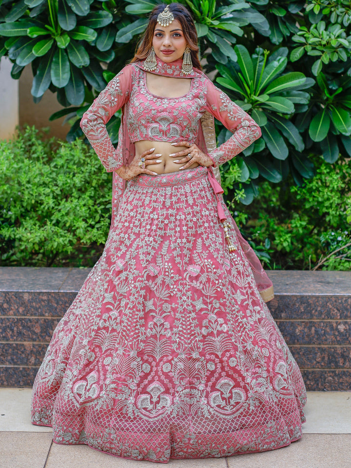 Pink Dori Work Net Engagement Wear Lehenga Choli