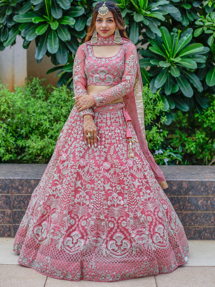 Pink Dori Work Net Engagement Wear Lehenga Choli