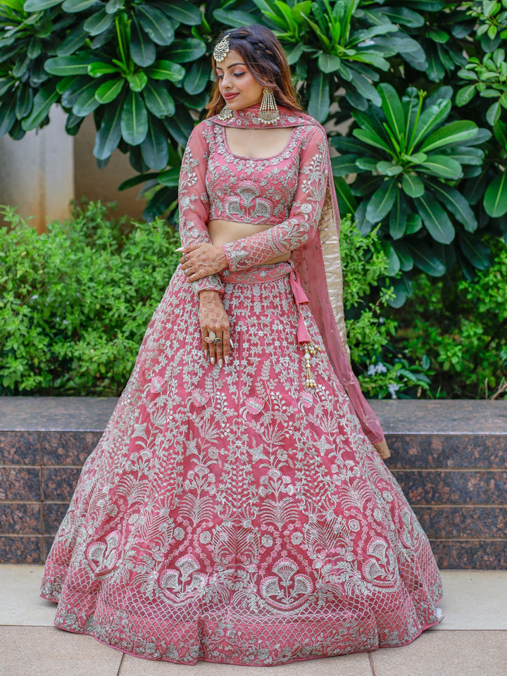Pink Dori Work Net Engagement Wear Lehenga Choli