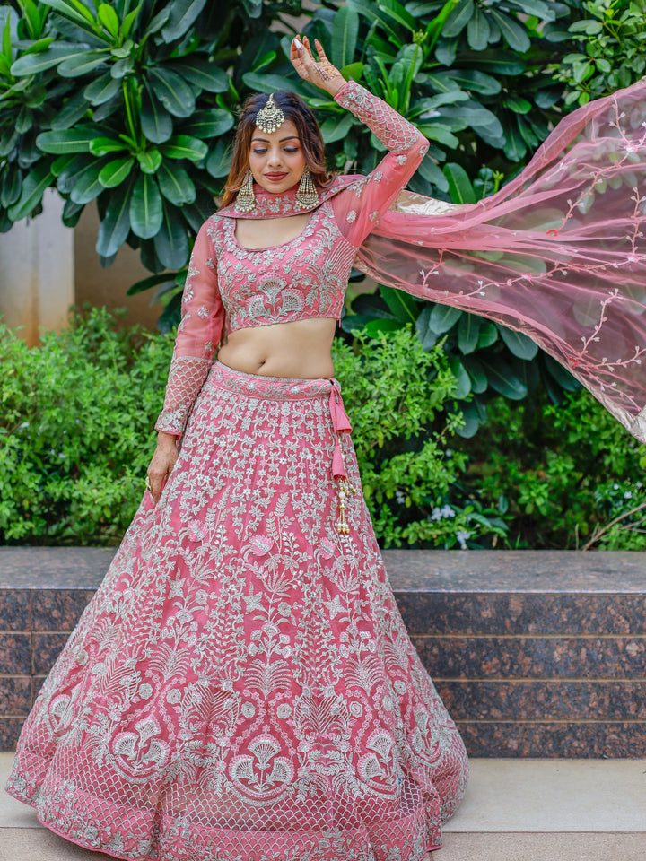 Pink Dori Work Net Engagement Wear Lehenga Choli