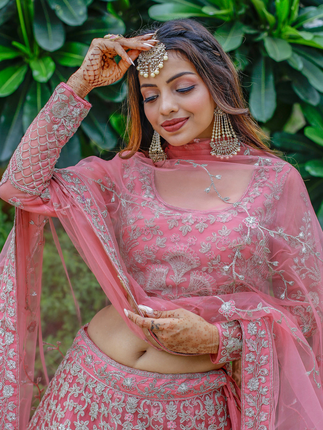 Pink Dori Work Net Engagement Wear Lehenga Choli